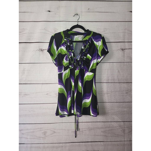 Soulmates Womens Blouse Multicolor Abstract Short Sleeve V Neck Ruffles Retro XL